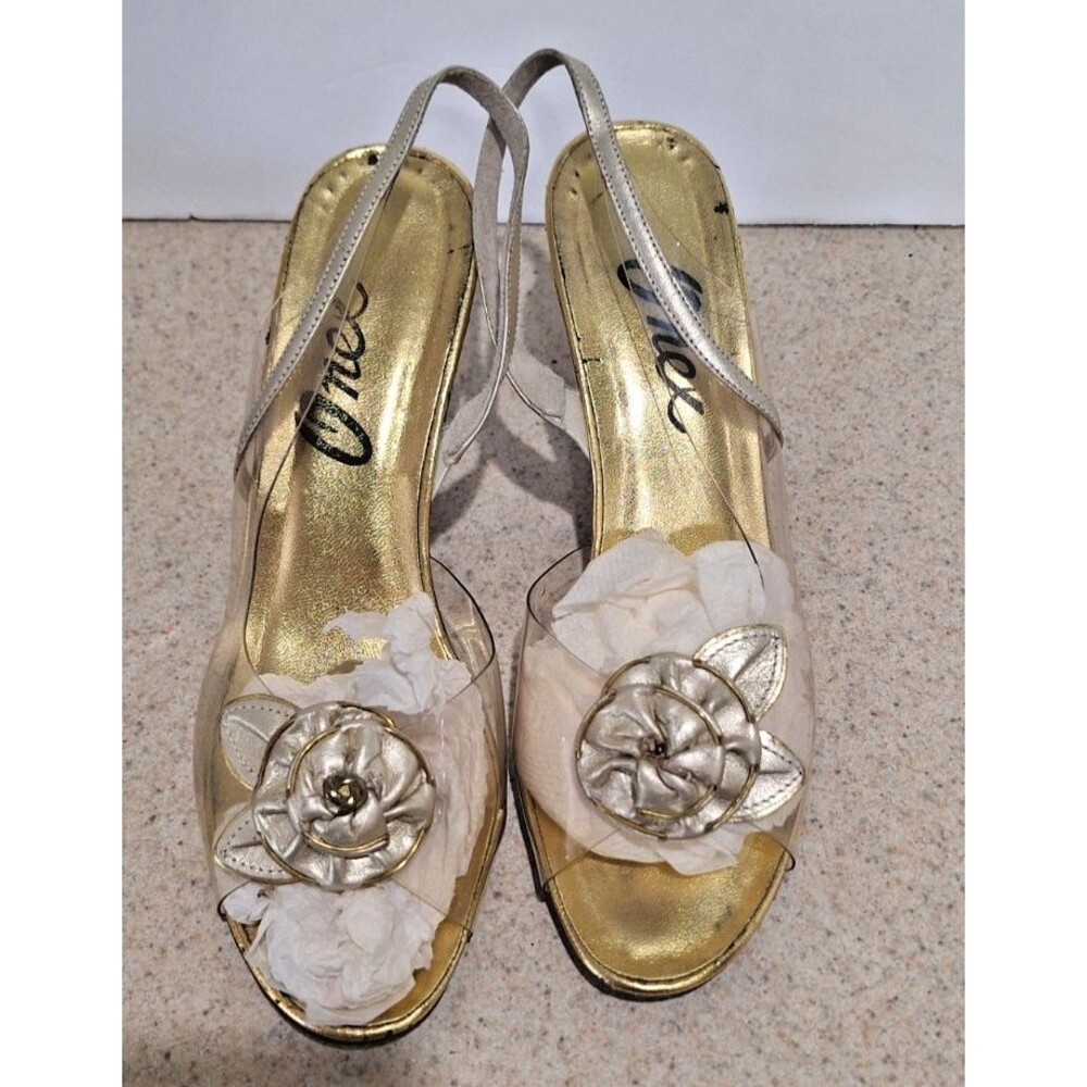 Vintage 1997 Onex "The Rose" Platinum Slingback Peep Toe Heel Size 7